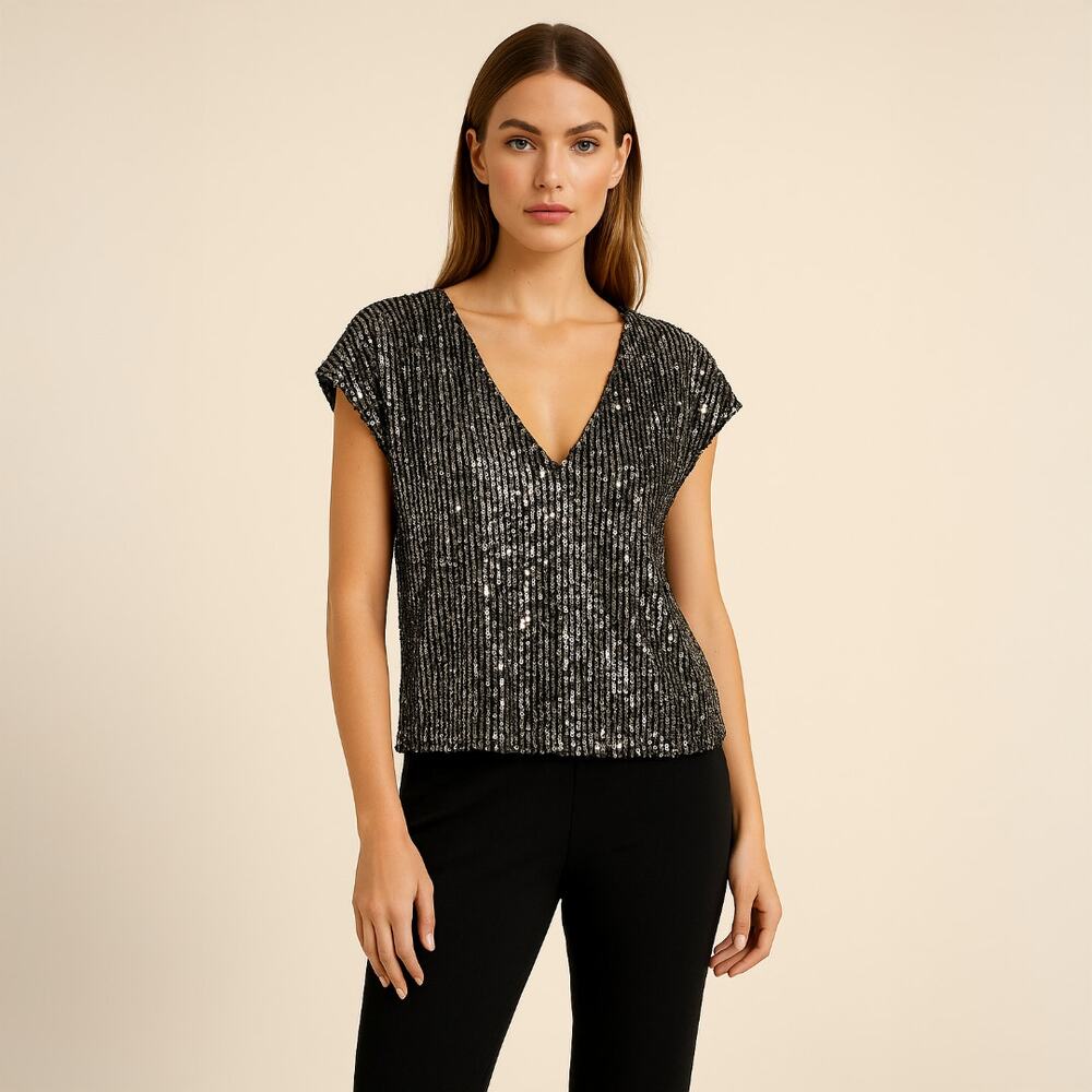 * A497 • Black Sequin V-Neck Cap Sleeve Party Top